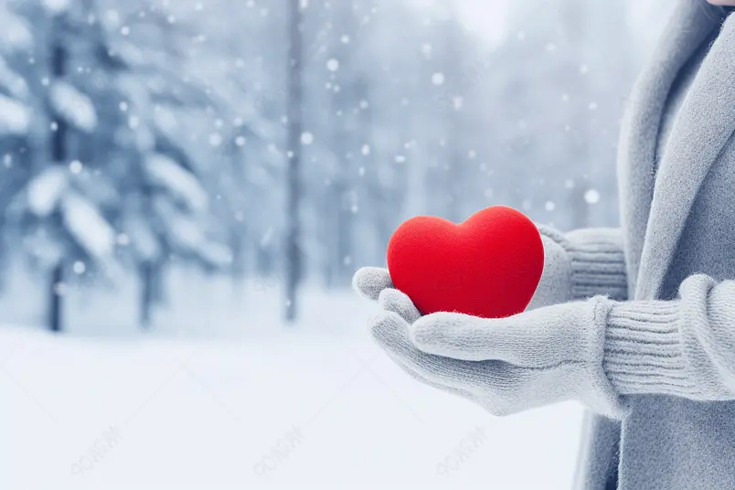 戴手套的人拿着红色爱心祝福实拍摄影图