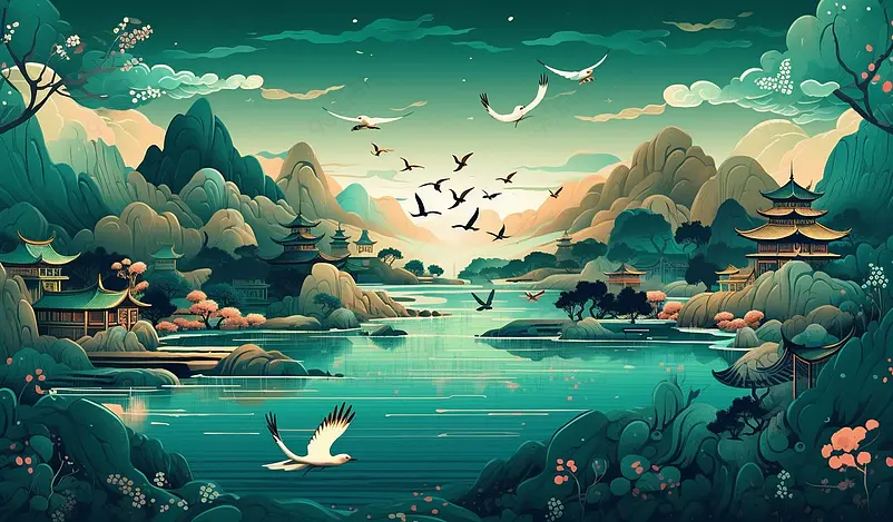 青绿色国潮建筑山水风景插画