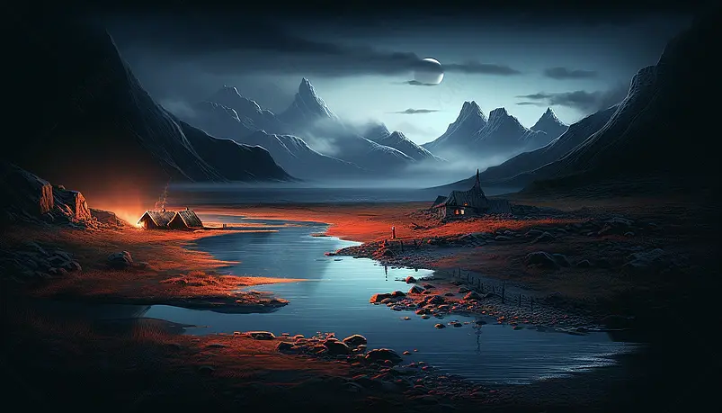 夜晚天空下的群山湖面自然风景背景摄影图