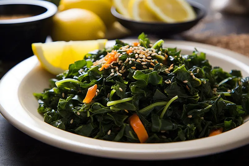 木桌上盘子里有胡萝卜芝麻和柠檬汁的裙带菜沙拉