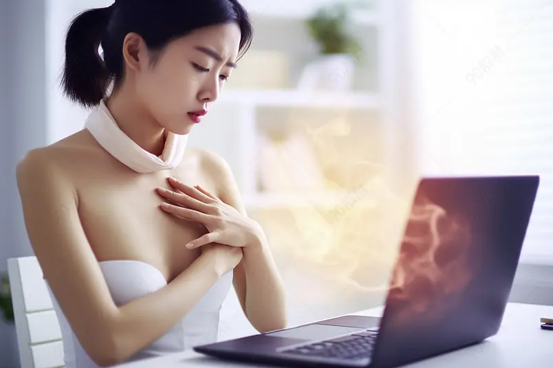 女性上班呼吸困难捂胸口特写