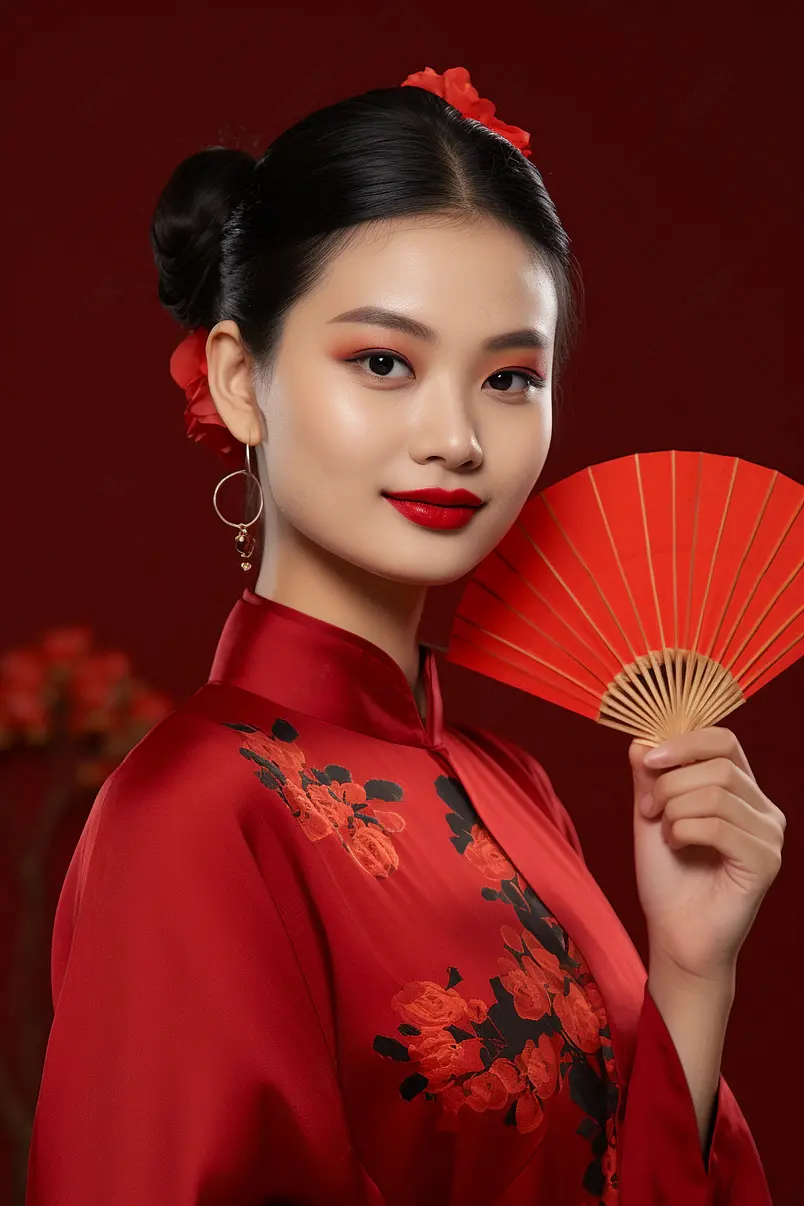 国潮旗袍美女手拿折扇