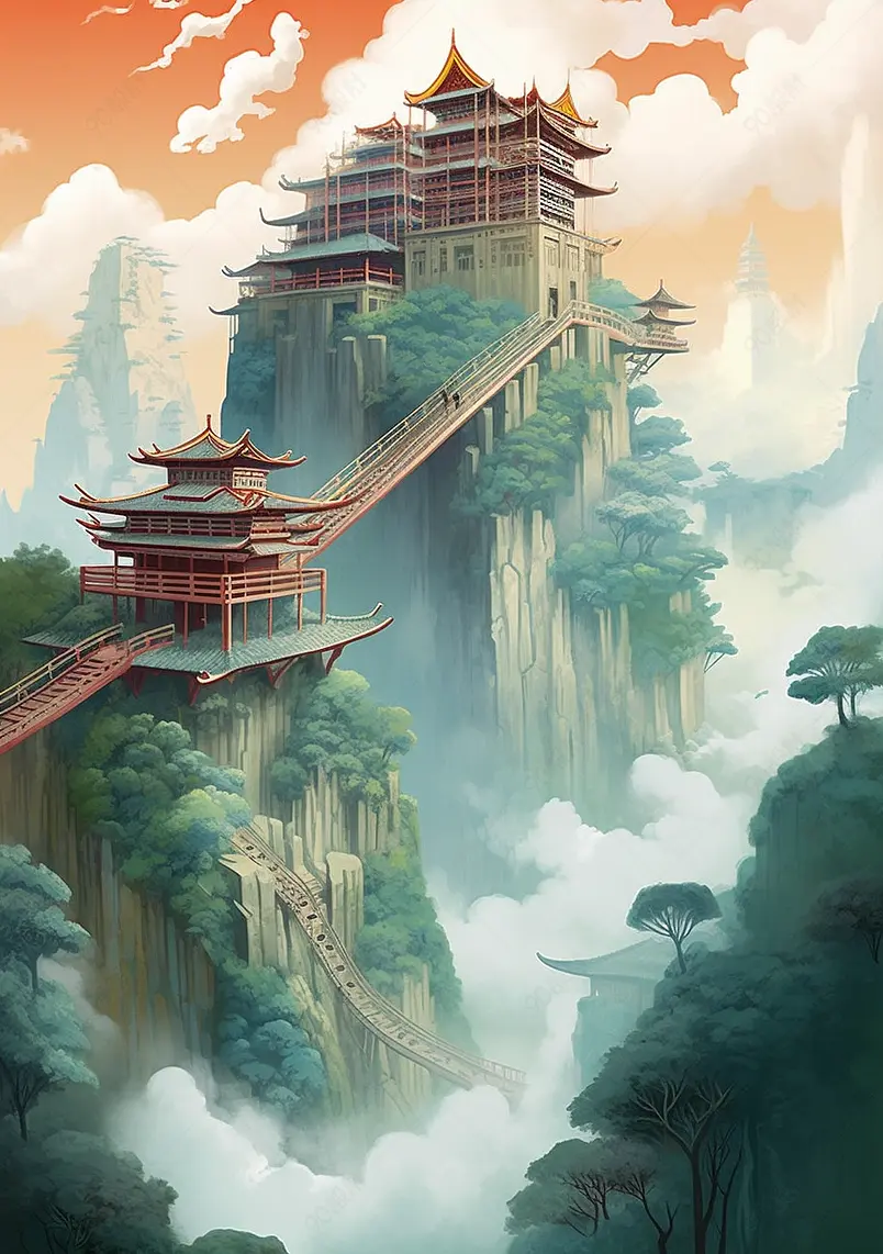 神秘幻想自然山间中国风建筑国潮背景