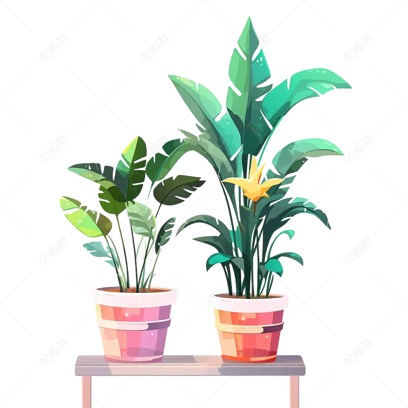两盆手绘的家居净化绿色植物