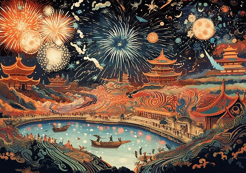 人围绕湖泊关上庭院内的烟花中国风国潮古典中国传统文化背景插画