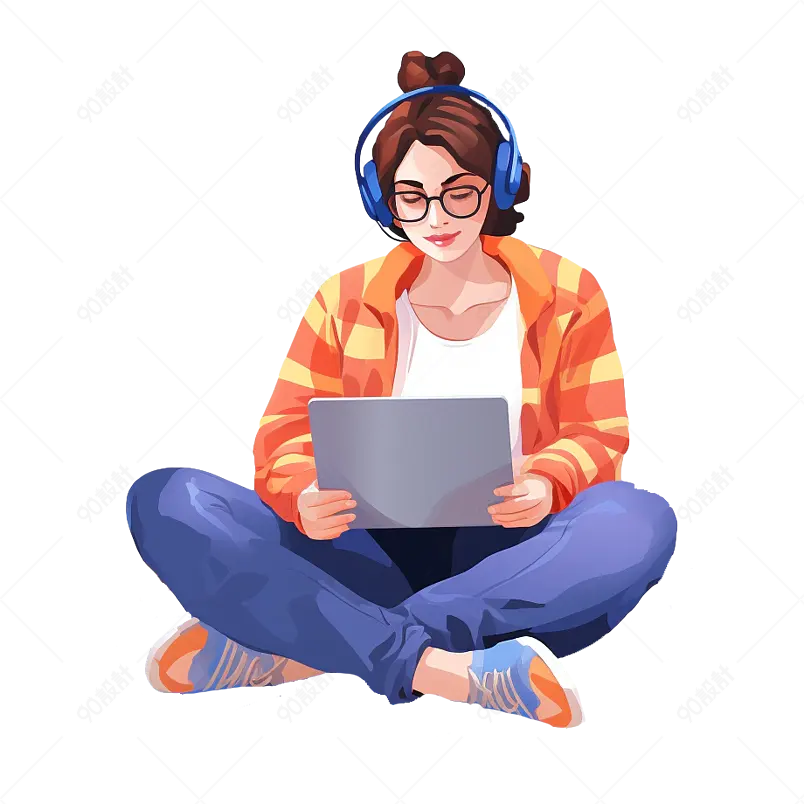 盘坐在地上的看平板电脑的女人