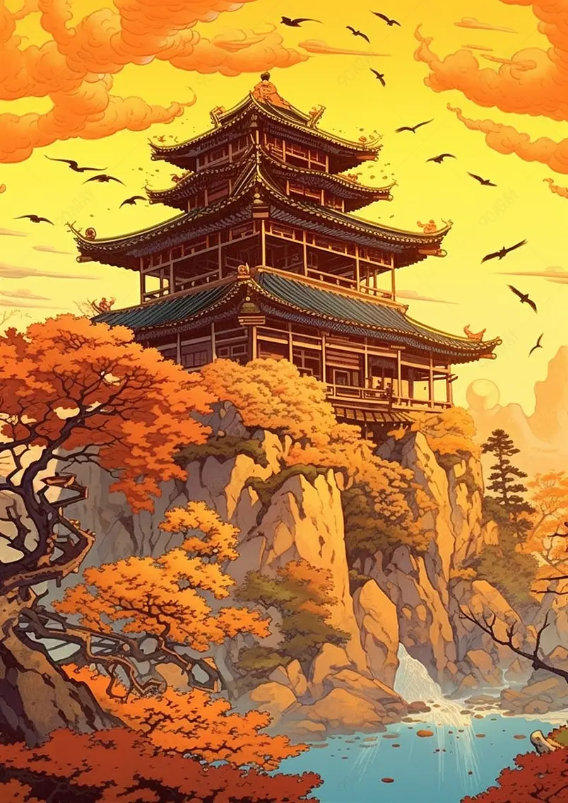 滕王阁城市建筑插画国潮风风景楼阁插画背景