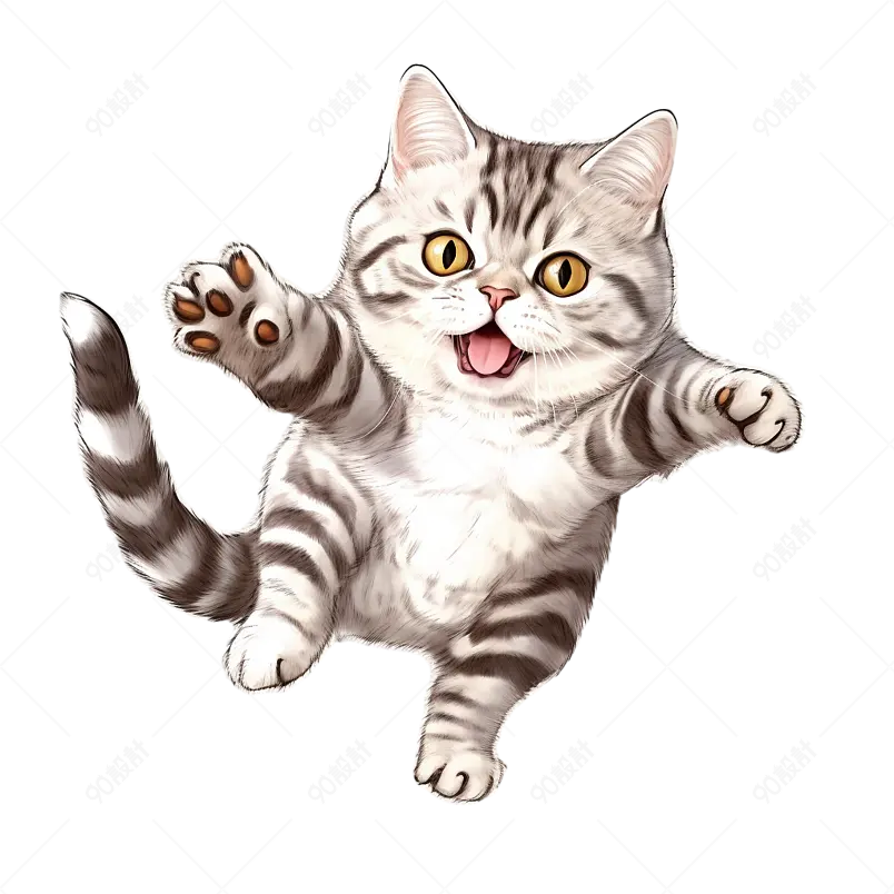 咖色条纹肥肥吸引人的跳起来打招呼的猫插画免抠元素