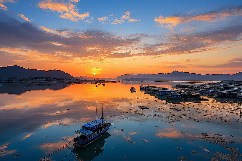 晴朗夕阳下的海上渔村拍摄