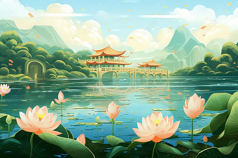 国潮大暑夏天荷花荷叶荷塘祥云插画风景
