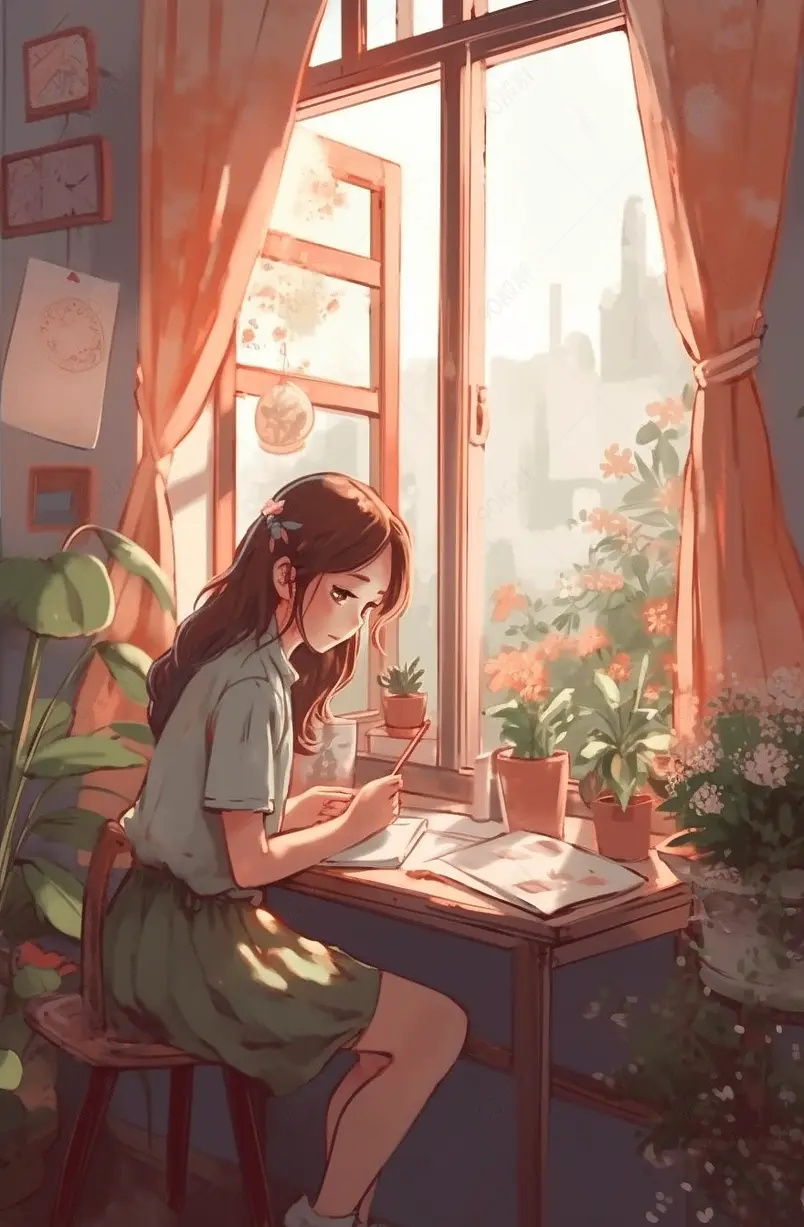 女孩书桌写信插画背景图