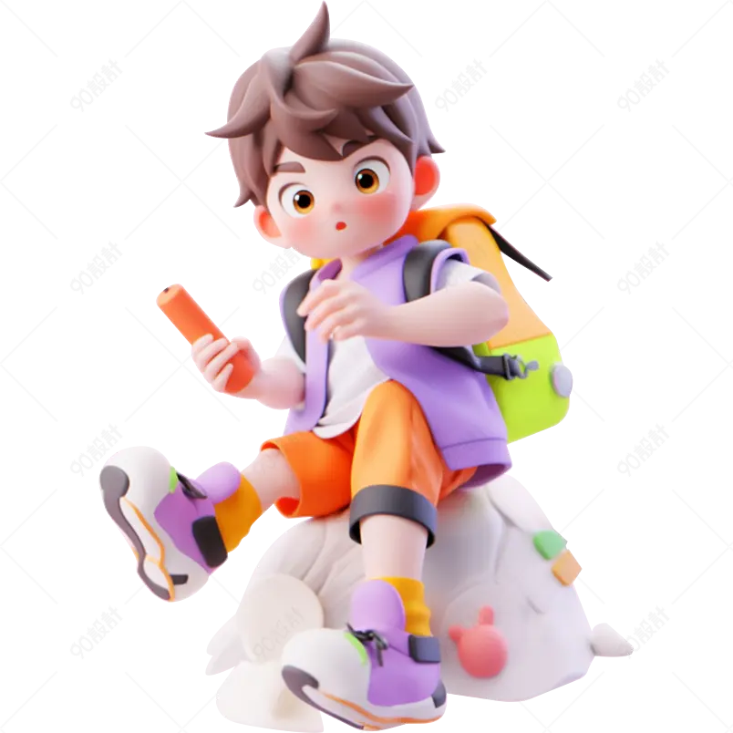 小男孩户外坐着背着小书包文具开学季