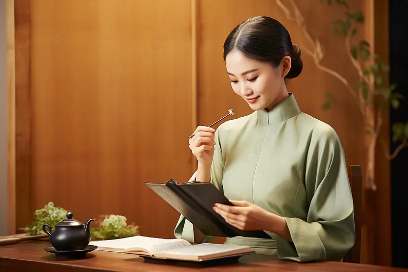 茶道茶艺美女看书喝茶
