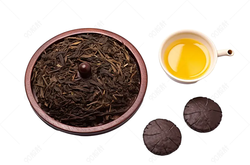 白色背景拍摄的普洱茶饼紫砂壶与茶杯茶汤清亮实物免抠元素