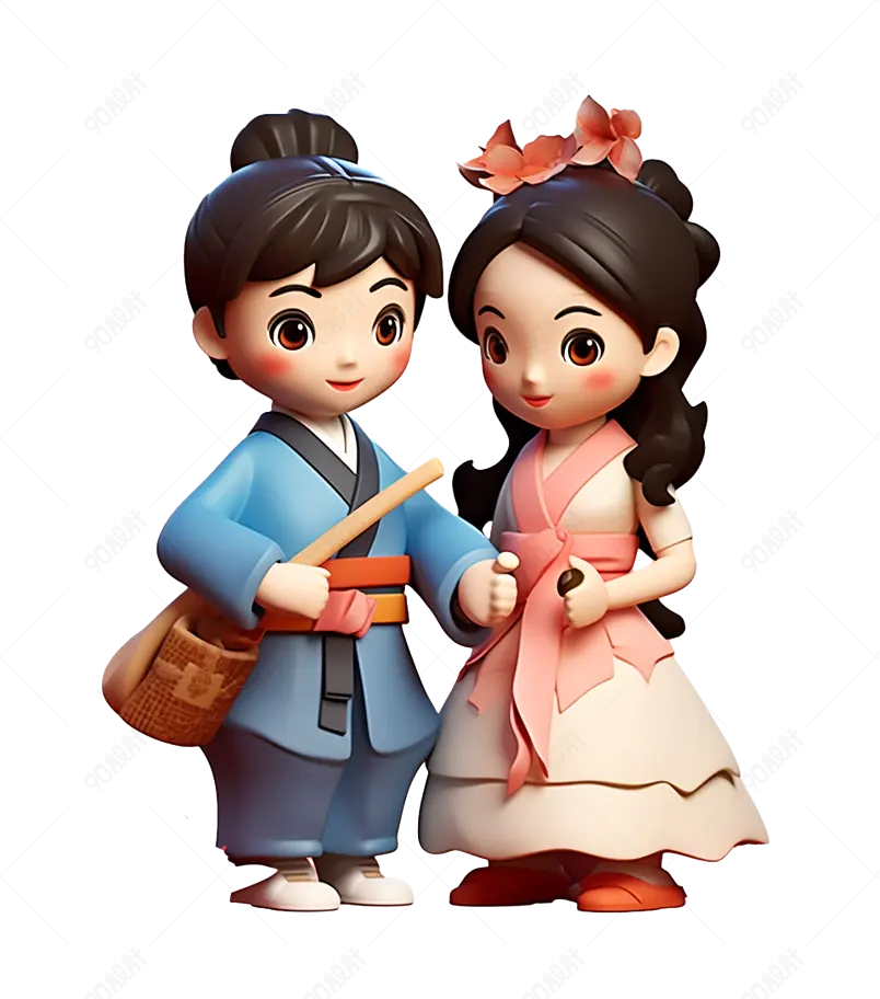 粉色裙子女孩和男孩3d人物装饰元素