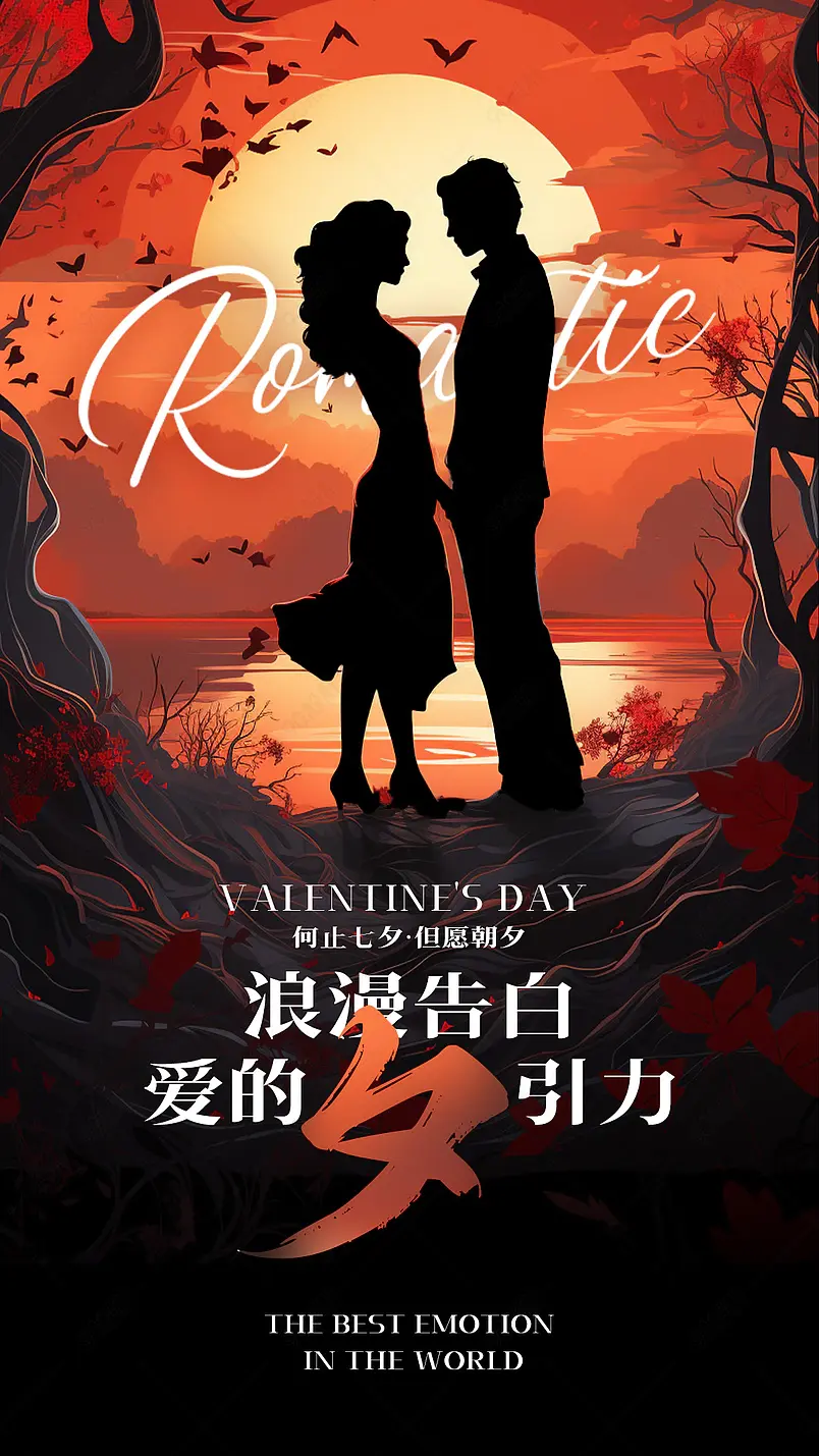 卡通手绘插画情侣人物剪影七夕情人节节日海报