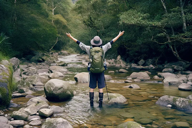 户外青年徒步登山溯溪背影