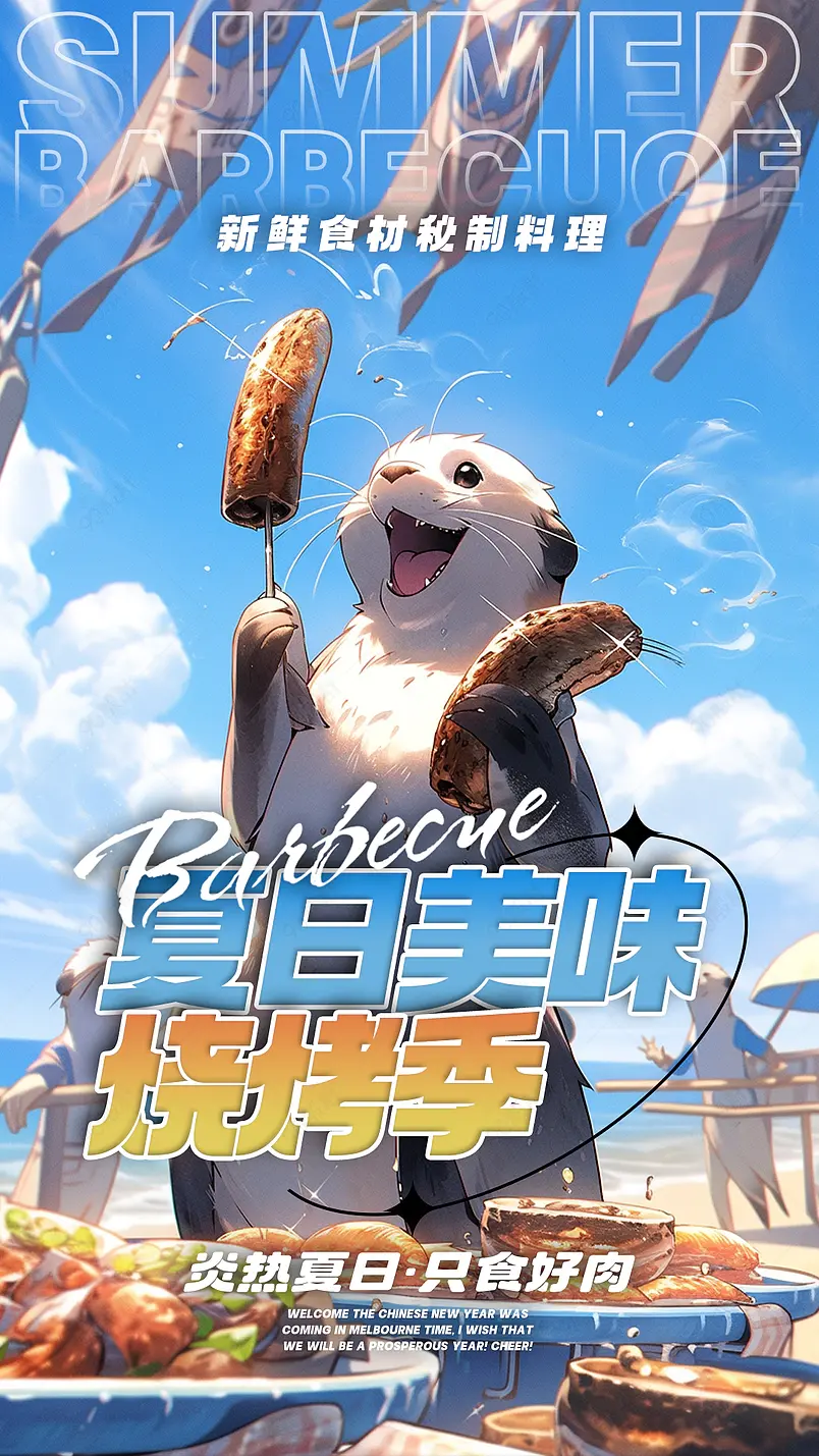 卡通手绘可爱动物烧烤美食派对海报