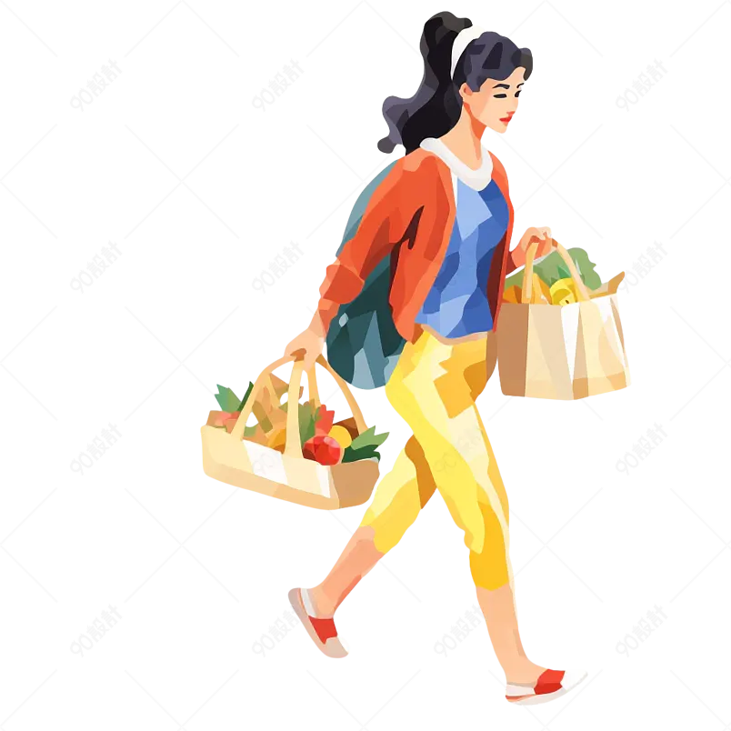 扁平手绘买菜回家的妈妈
