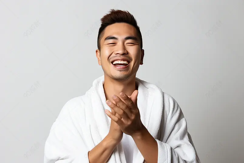 美丽spa和休闲概念充满热情的年轻快乐男子肖像嘲笑一些有趣的事情手对着热闹的电视秀摄影机在酒店穿浴袍白色背景美丽spa和休闲概念