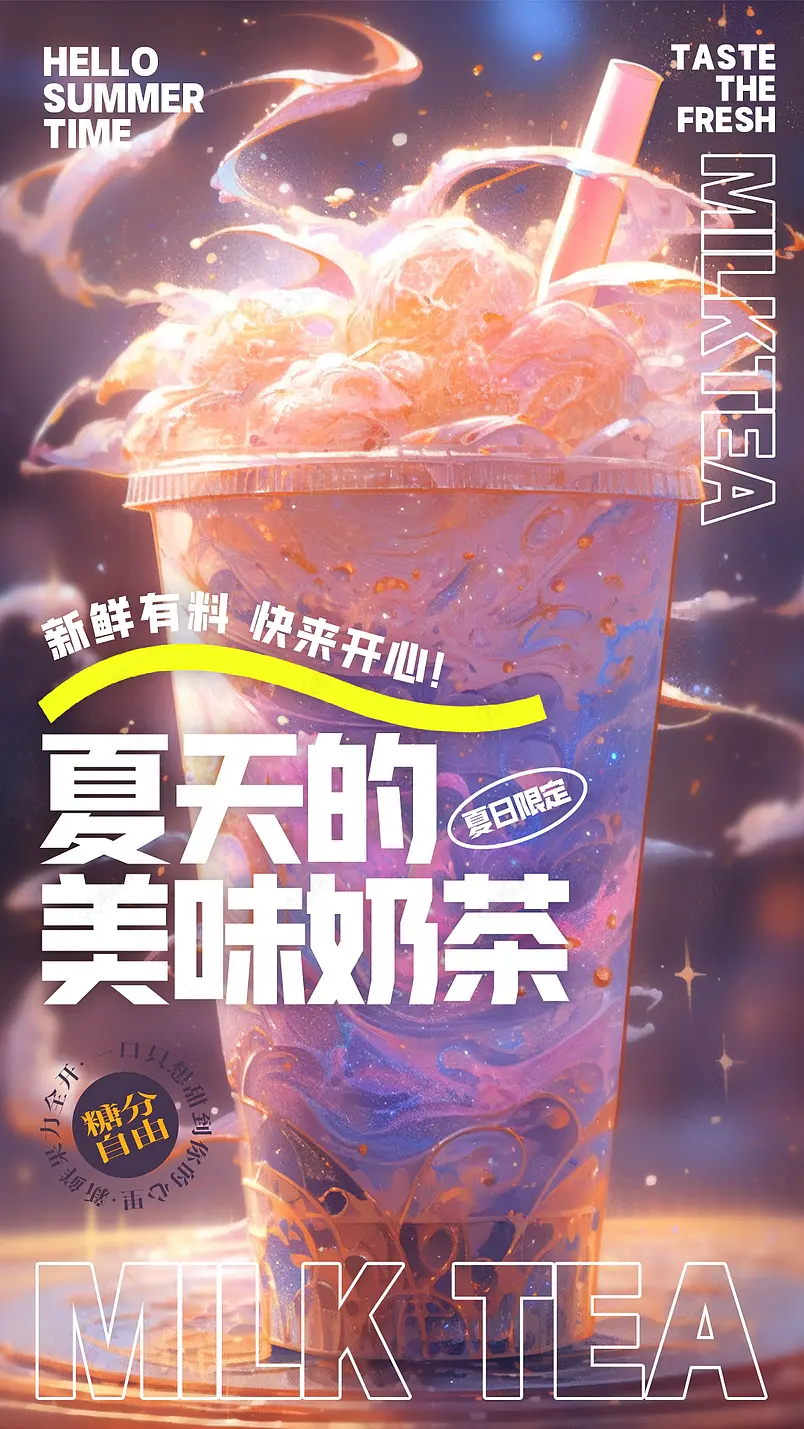 卡通手绘插画梦幻奶茶甜品美食冷饮海报
