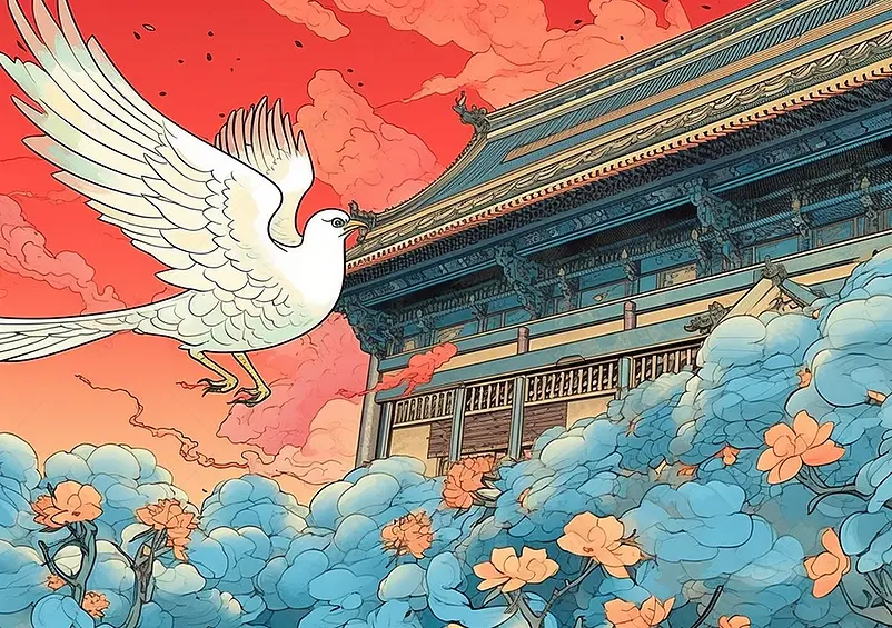 国潮风古建筑宫殿祥云背景插画图著名景点