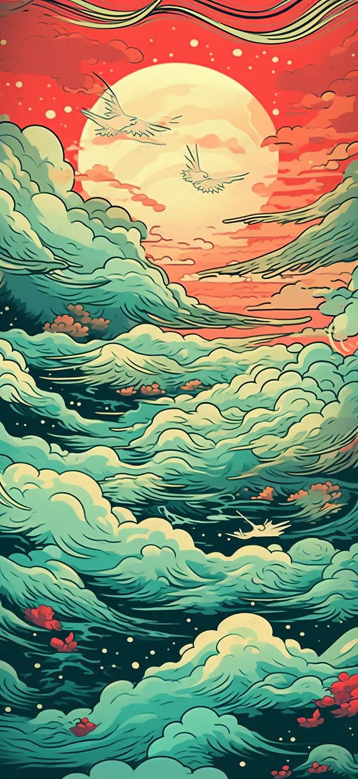 红日祥云中国风古典国潮插画背景