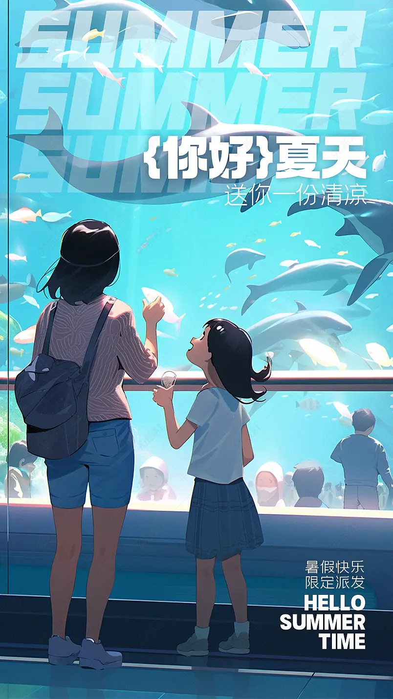 卡通手绘插画水族馆你好夏天海报