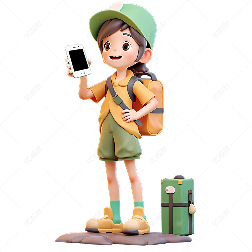 拿着手机背着书包外出旅游的男孩人物3D渲染立体免抠素材图