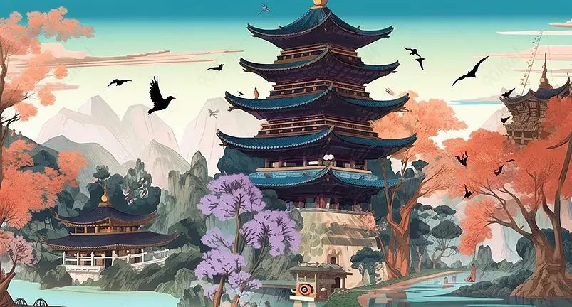 秋季夏季枫叶春季燕子阁楼建筑亭子中国风国潮风插画