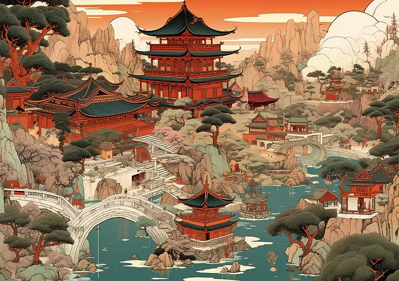 国潮小桥流水高山中的古代建筑楼阁背景