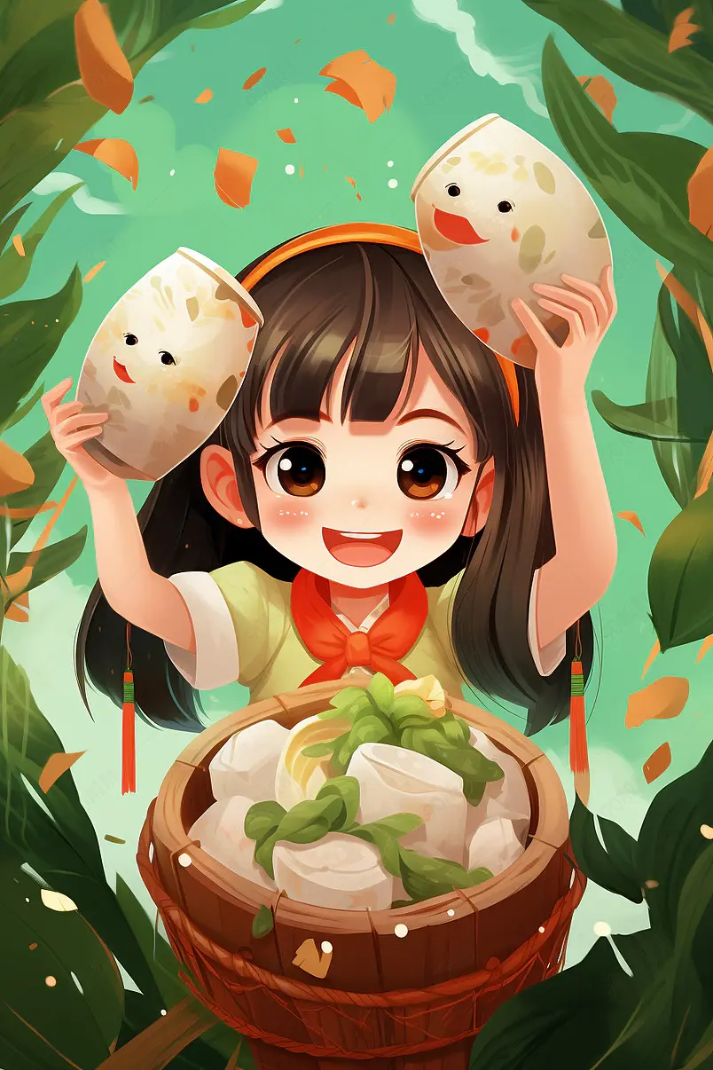 五月初五端午节女孩吃粽子清新插画