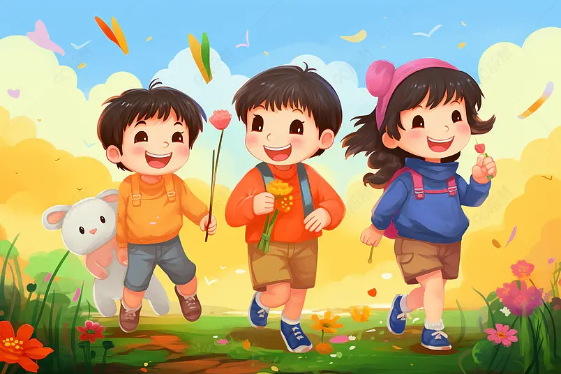 举着小旗开心的孩子们艺术概念插画