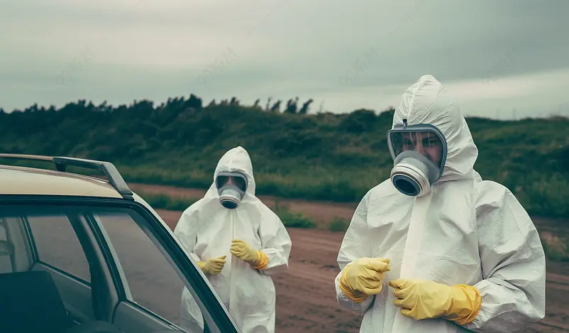 两位研究人员穿戴面具手套和细菌防护服