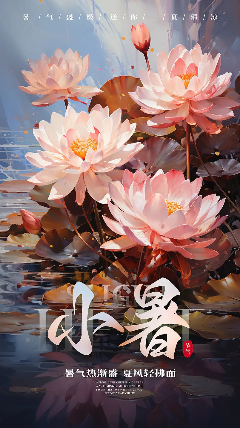 卡通手绘插画荷花传统小暑节气海报