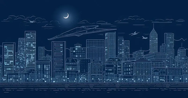 城市海面建筑线条手绘插画