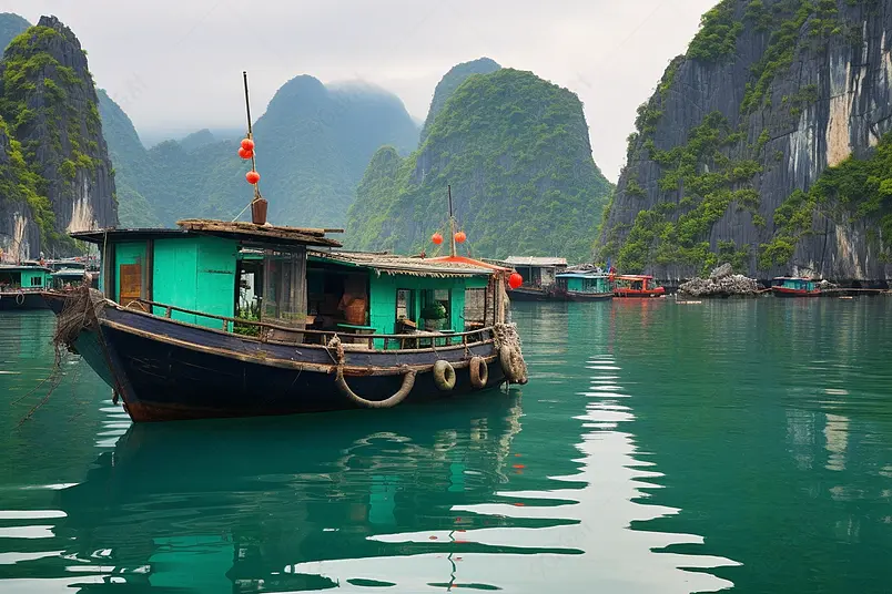 越南河隆湾的浮渔村