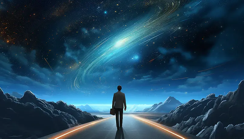 蓝色商务卡通成功之路星空橙色道路背景