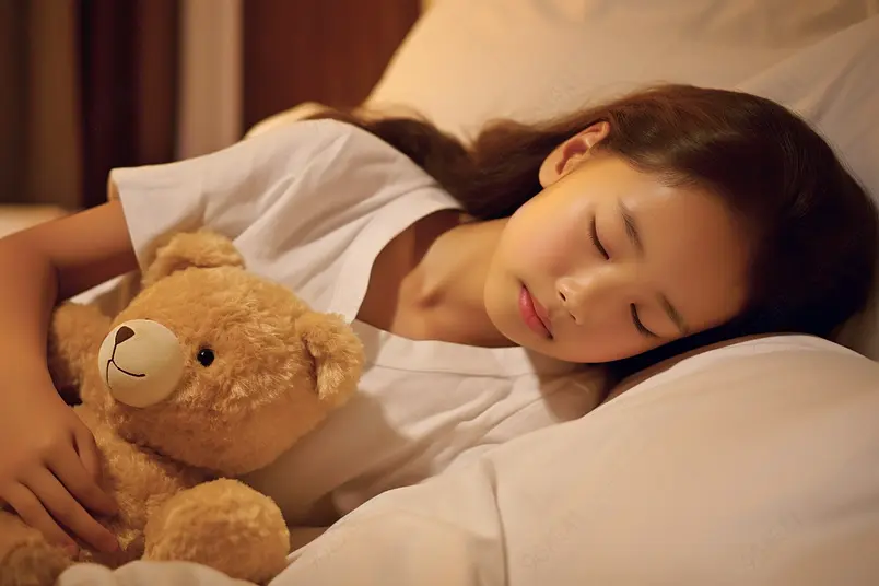 小女孩抱着小熊睡的香甜睡眠摄影图