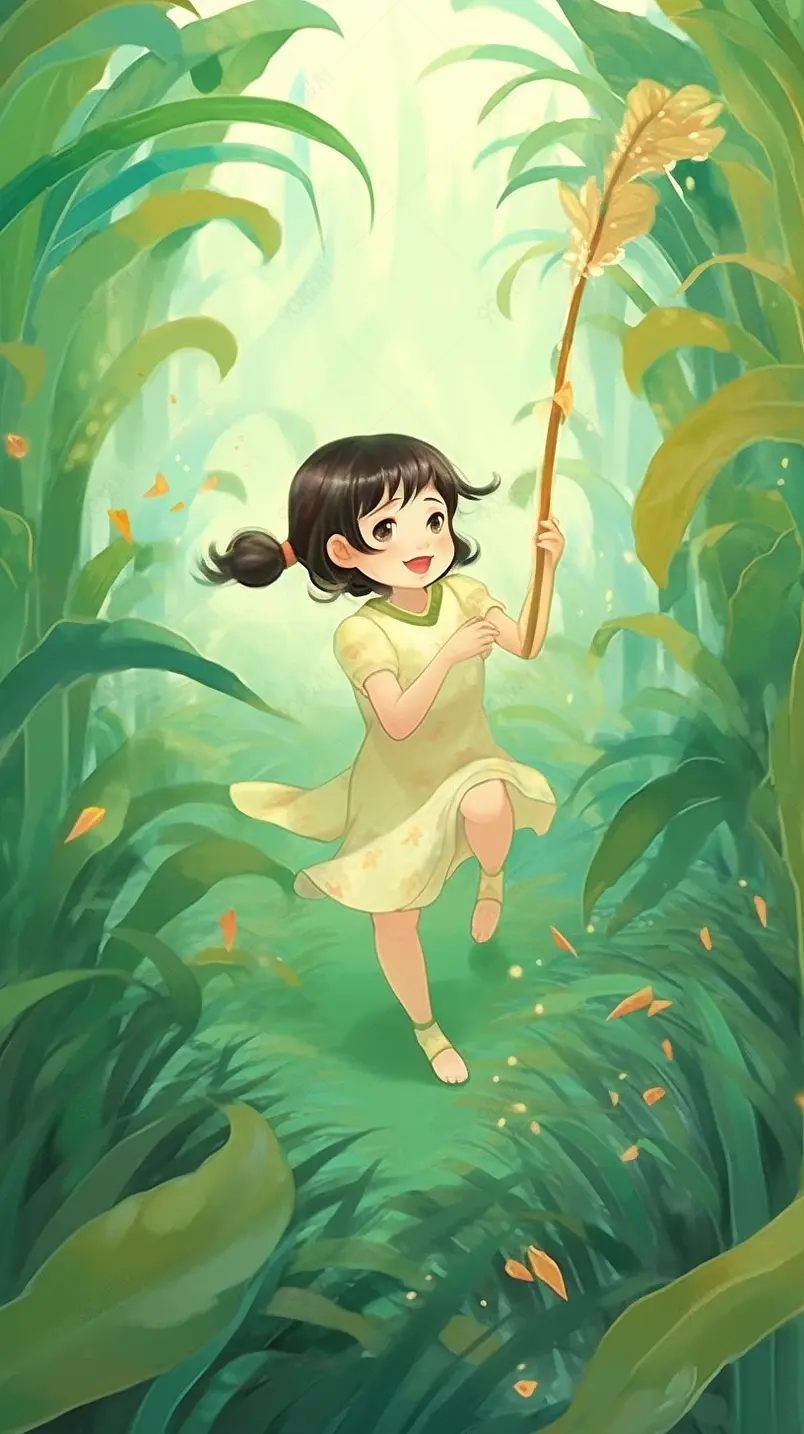 小女孩手拿麦穗卡通图二十四节气小满海报背景宣传图绿色清新壁纸插画图