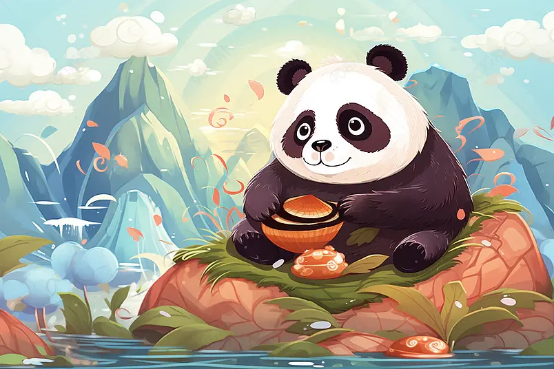 中国熊猫山水间清新卡通插画端午美食