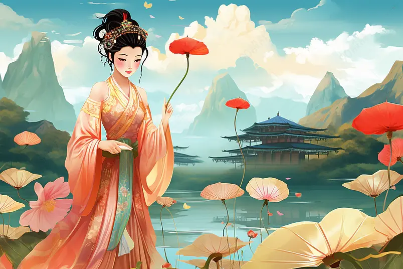 蓝色的天空国潮古风美女唯美夏季夏天山水建筑风景背景插画