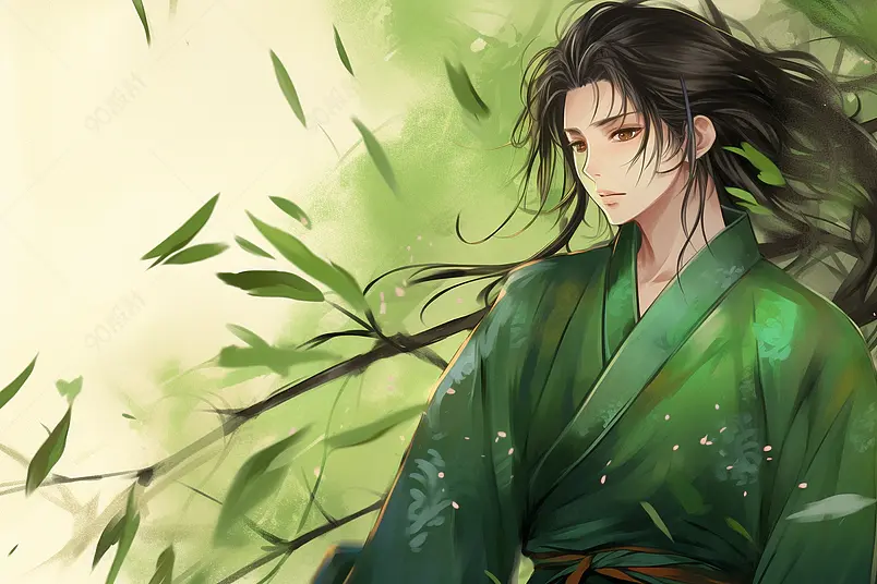 绿色古风水彩竹君人物创意插画