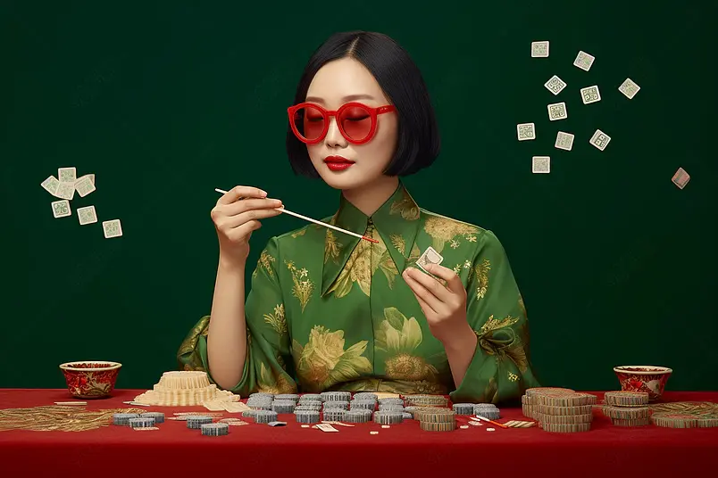 国潮美女手举麻将生活传统绿色背景
