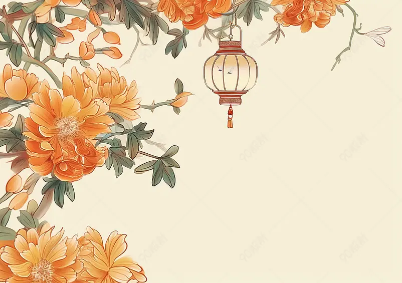 中国风淡雅国潮风花丛中秋灯笼工笔画植物手绘背景