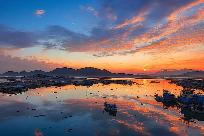 蓝天下夕阳下的海上渔村拍摄