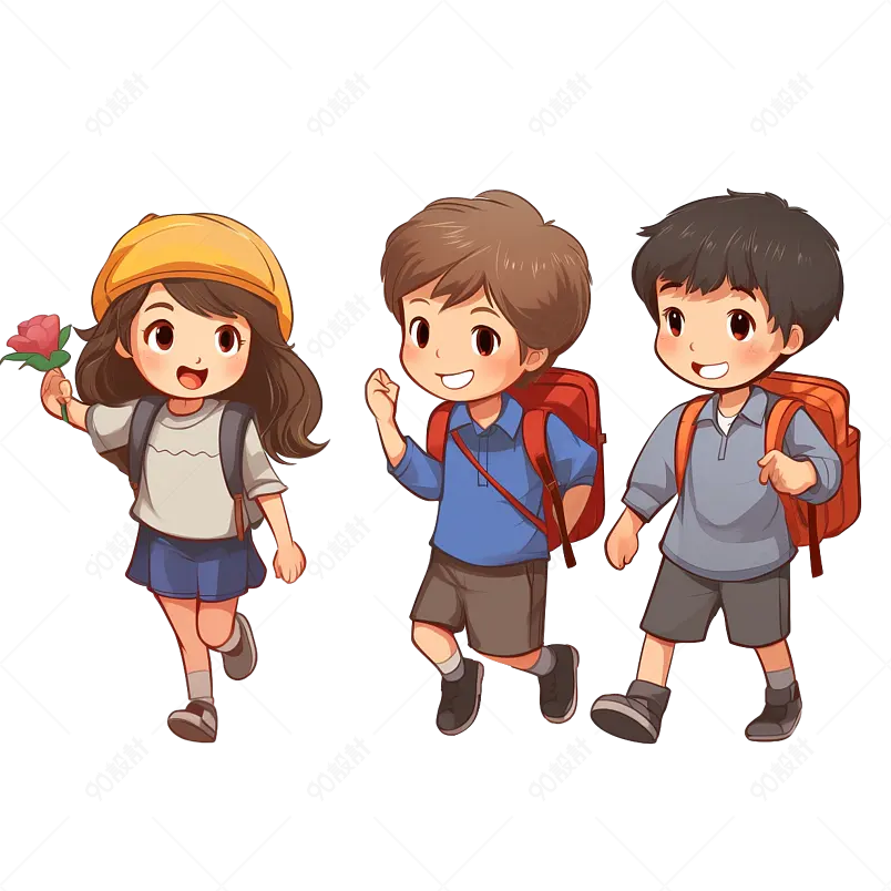 手绘三个小孩子一起手牵手上学