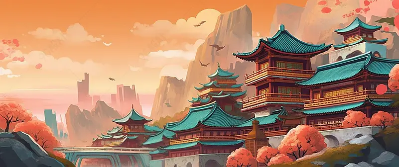 国潮风建筑与山水国风背景