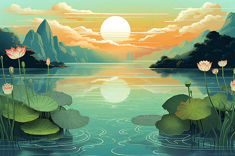 国潮绿色系山水荷花背景插画