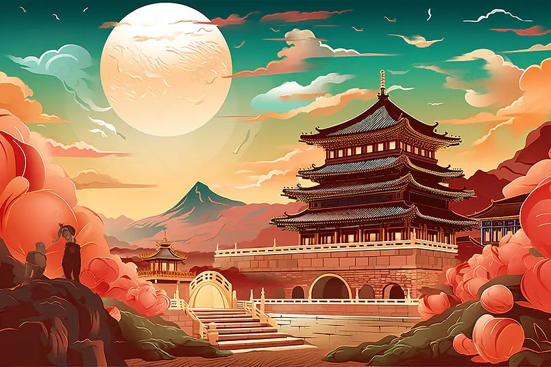 中国风国潮山水建筑西安鼓楼大雁塔兵马俑风景插画